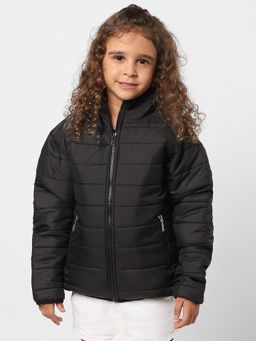 Instafab - Girls Jet Black Zip-Front Quilted Jacket