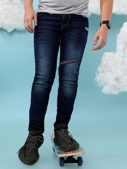 Instafab - Boys Navy Blue Embroidered Patch Denim Jeans
