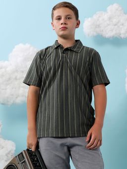 Instafab - Boys Olive Green Unbalanced Striped Polo T-Shirt