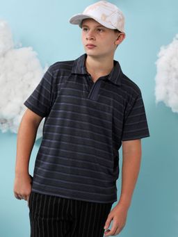 Instafab - Boys Charcoal Grey Horizontal Unbalanced Polo T-Shirt