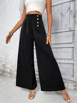 Outzidr - Black Wide Leg Street Style Trouser With Button Detailing At Waist