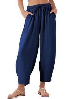 Outzidr - Navy Blue Elasticated Waist Band Wide Leg Street Style Trouser