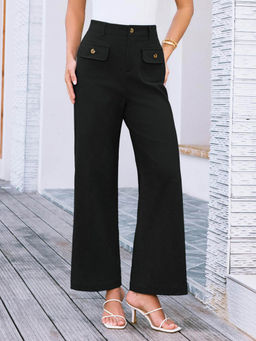 Outzidr - Black Front Pockets Straight Leg Street Style Trouser