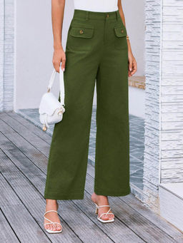 Outzidr - Green Front Pockets Straight Leg Street Style Trouser