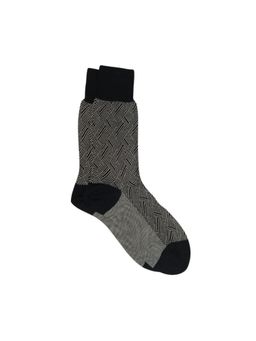 The Tie Hub - Herring Bone Black With White Mako Cotton Crew Length Sock