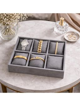 The Big Trove - Luxury Grey Velvet 6 Slot Bracelets Organizer & Storage Display Tray For Closet