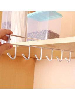 House of Quirk - White 6 Hooks Under Shelf Cup Holder Mutifunctional Kitchen Utensil Rack for Hanging