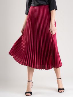 FABLE STREET - Maroon Accordion Pleated Satin Skirt