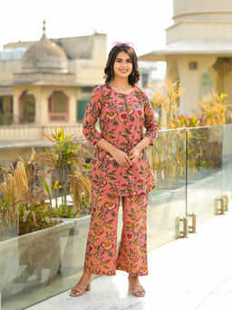 Jaipuri Adaah - Maharani Pink Hand Block Cotton Floral Co-Ord Set (Set of 2)