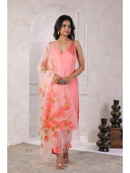 Geroo Jaipur - Peach Satin K Hand Painted Kurta With Pant & Dupatta (Set of 3)