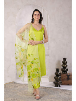 Geroo Jaipur - Green Satin K Hand Painted Kurta With Pant & Dupatta (Set of 3)