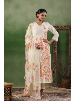 Geroo Jaipur - White Hand Painted Chanderi Kurta With Pant & Dupatta (Set of 3)