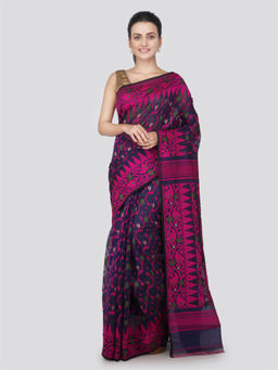PinkLoom - Womens soft Jamdani Saree without Blouse -Navy Blue