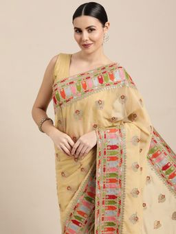 Vastranand - Cream Embroidered Heavy Border Saree with Unstitched Blouse