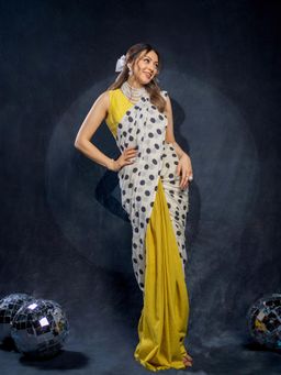 Dressfolk - Handloom Yellow and Ivory with Printed Black Polka Dot Handloom 100% Pure Cotton Saree.