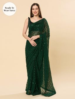 ONE MINUTE SAREE - Huda Green Georgette Sequin Pre Draped Saree with Unstitched Blouse