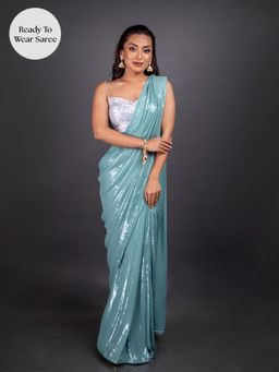 ONE MINUTE SAREE - Firoja Pastel Blue Sequins Pre Draped Saree with Unstitched Blouse