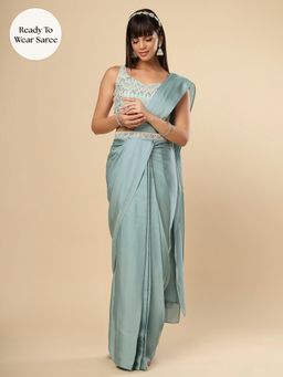 ONE MINUTE SAREE - Mariel Turquoise Silk Pre Draped Saree with Unstitched Blouse
