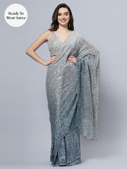 ONE MINUTE SAREE - Madelyn Luxe Steel Ombre Sequin Pre Draped Saree with Unstitched Blouse