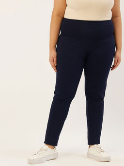 theRebelinme - Plus Size Women's Navy Blue Solid Color Relaxed High-Rise Trousers