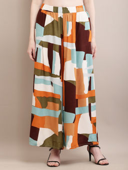 NOBARR - Women Printed Orange Elasticated Waist Flared Palazzo