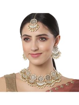 Karatcart - Gold Plated white Plearl Chand Shape Kundan Necklace Set for Women (Set of 3)