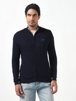 Guess - Brennan Smart Blue Solid High Neck Full Sleeves Knit Sweaters