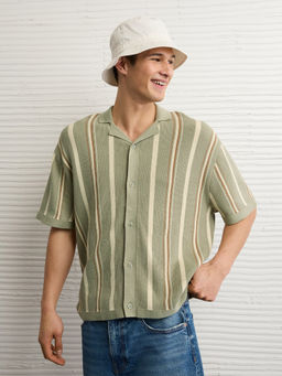 American Eagle - Green Striped Button Up Sweater