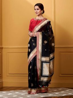 WeaverStory - Handloom Black Kora Banarasi Saree with Red Border and Booti with Unstitched Blouse
