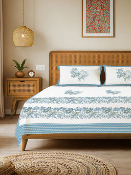 Urban Space - Taarini Blue Rajasthani Floral Cotton Bedsheet with 2 Pillow Covers (King)