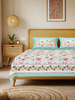 Urban Space - Anokhi White Rajasthani Floral Cotton Bedsheet with 2 Pillow Covers (King)