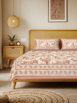 Urban Space - Rangmahal White Rajasthani Floral Cotton Bedsheet with 2 Pillow Covers (King)