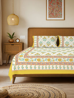 Urban Space - Amberjaal Yellow Rajasthani Floral Cotton Bedsheet with 2 Pillow Covers (Double)