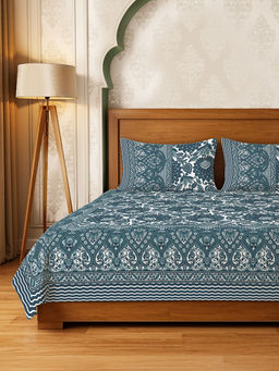 Urban Space - Morbagh Navy Blue Rajasthani Floral Cotton Bedsheet with 2 Pillow Covers (Double)