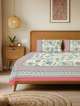 Urban Space - Off White Rajasthani Floral Cotton Bedsheet with 2 Pillow Covers (Double)
