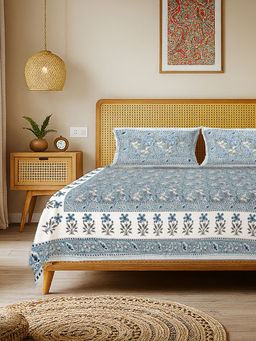 Urban Space - Rangrez Blue Rajasthani Floral Cotton Bedsheet with 2 Pillow Covers (Double)
