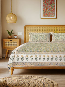 Urban Space - Rangrez Green Rajasthani Floral Cotton Bedsheet with 2 Pillow Covers (Double)
