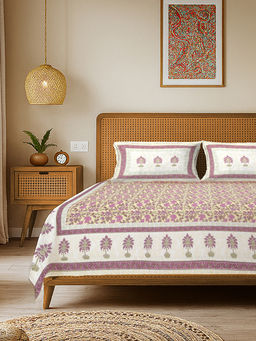 Urban Space - Purple Rajasthani Floral Cotton Bedsheet with 2 Pillow Covers (Double)