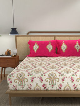 Urban Space - White Motif Cotton Bedsheet with 2 Pillow Covers (King)