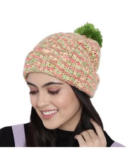 Magic Needles - Women Green Peach-Coloured Handmade Beanie with Pompom Detail