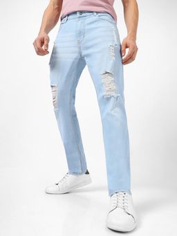 Urbano Fashion - Men Ice Blue Slim Fit Heavy Distressed-Torn Jeans