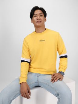 Urbano Fashion - Mens Yellow Cotton Color Block Round Neck Sweatshirt