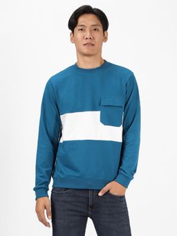 Urbano Fashion - Mens Teal Cotton Color Block Round Neck Sweatshirt