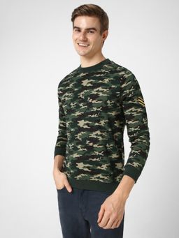 Urbano Fashion - Mens Green Cotton Camouflage Printed Round Neck Sweatshirt