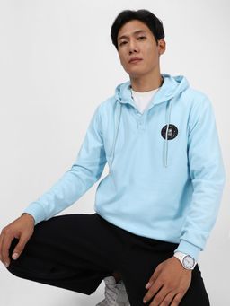 Urbano Fashion - Mens Light Blue Cotton Solid Button Hooded Neck Sweatshirt