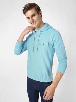 Urbano Fashion - Mens Light Blue Cotton Solid Hooded Neck Sweatshirt