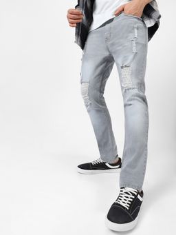 Urbano Fashion - Men Light Grey Slim Fit Heavy Distressed/Torn Jeans