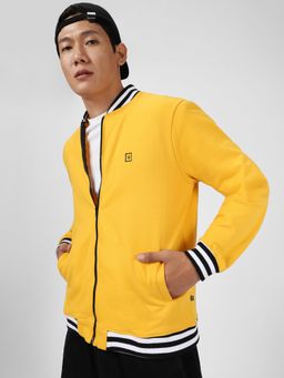 Urbano Fashion - Men's Yellow Cotton Zippered Varsity Jacket