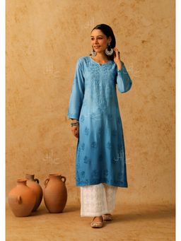 House of Chikankari - Shab Chikankari Chanderi Straight Kurta -Blue
