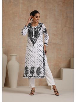 House of Chikankari - Chikankari Mulmul Straight Kurta -White